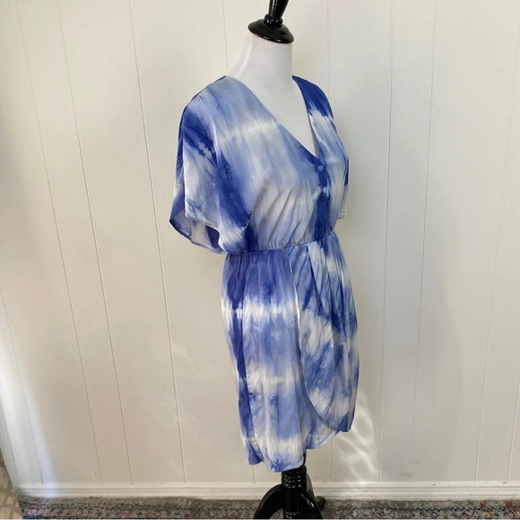 Alice + Olivia Size XS Silk Tie Dye Cloud Print Flowy Button Dress Blue White - Picture 7 of 16